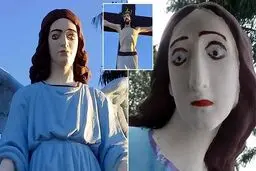 لب‌های رژ زده و چشم‌های درشت | مرمت عجیب مجسمه مریم مقدس